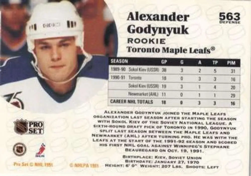 Hockey trading card of Alexander Godynyuk from the Toronto Maple Leafs 1991-92 season