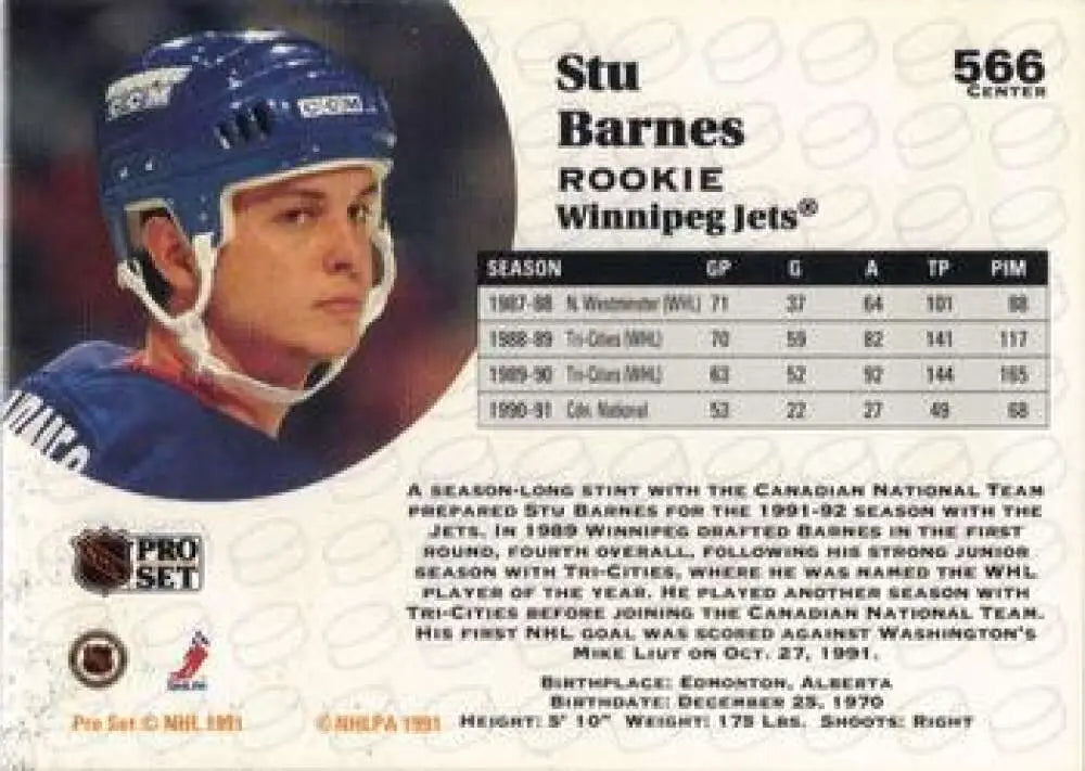 Hockey card of Stu Barnes in blue helmet for Winnipeg Jets, 1991-92 Pro Set #566