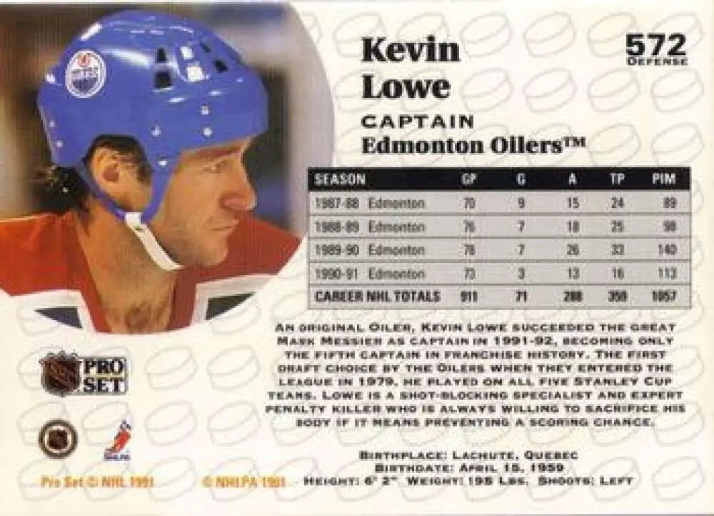 Hockey card of Kevin Lowe, Edmonton Oilers player in blue helmet from 1991-92 Pro Set