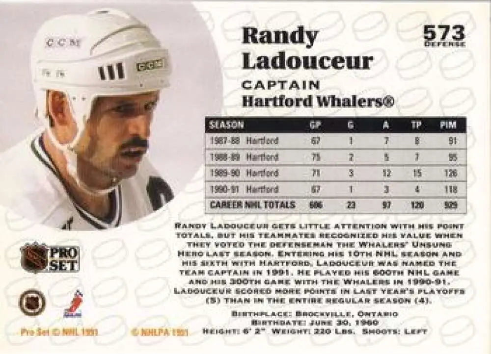 Hockey card of Randy Ladouceur in white helmet for Hartford Whalers, 1991-92 Pro Set