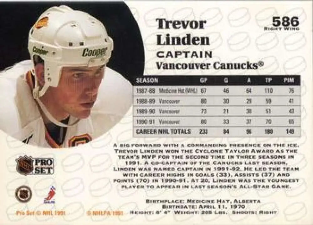 Trevor Linden in white Vancouver Canucks jersey on 1991-92 Pro Set hockey card