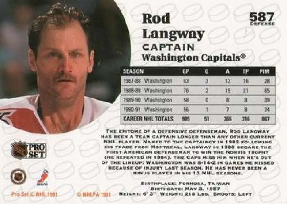 Rod Langway Washington Capitals hockey card from 1991-92 Pro Set #587 in NM-MT condition