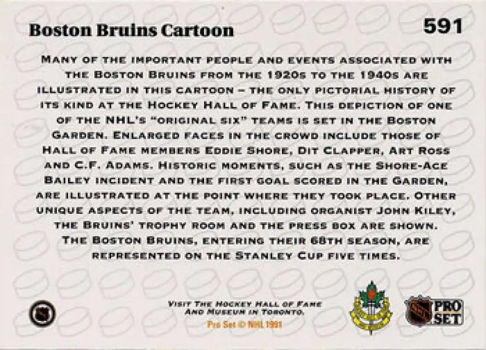 Back of 1991-92 Pro Set #591 Boston Bruins Hockey Card detailing historical events
