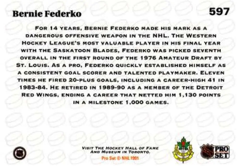 Hockey trading card of Bernie Federko showcasing his St. Louis Blues NHL career achievements