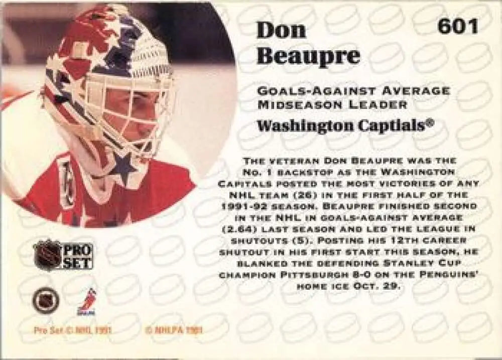 Hockey card featuring Don Beaupre with a red and white geometric mask for the Washington Capitals