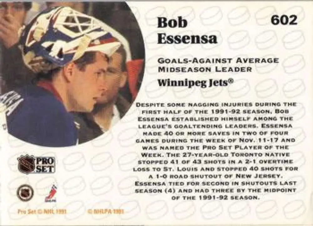 Hockey goalie mask with skull design on Bob Essensa Winnipeg Jets hockey card