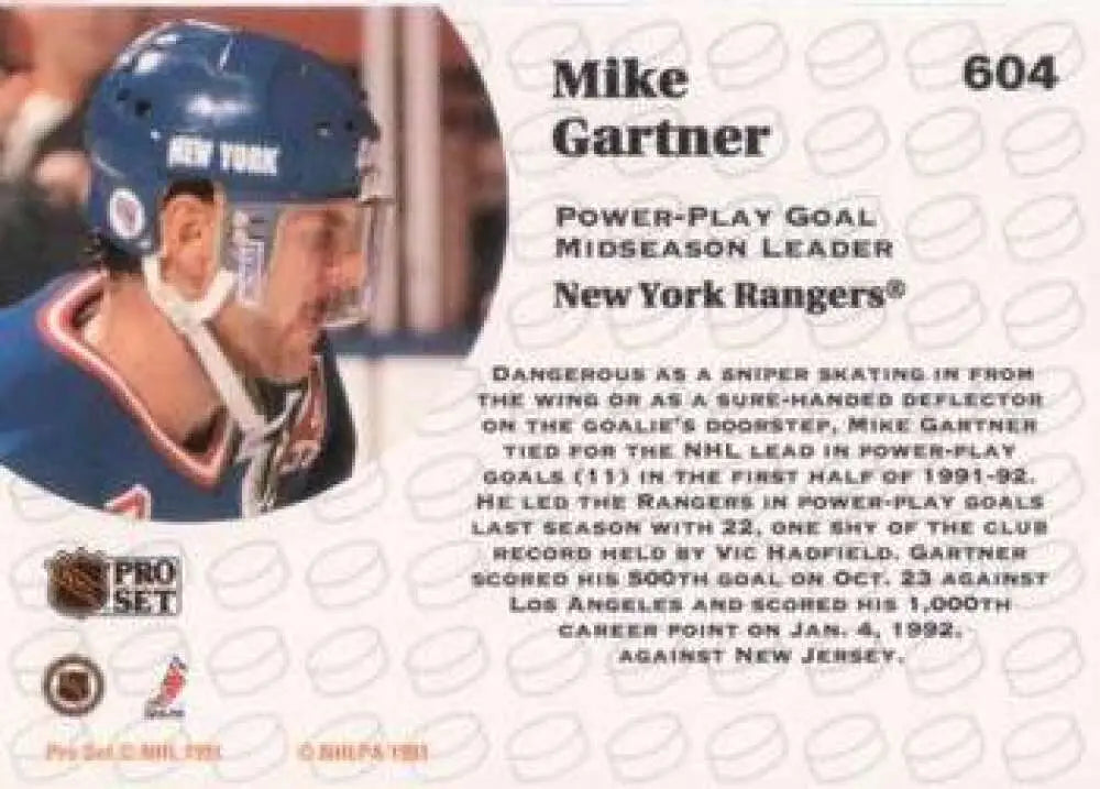 Hockey trading card of Mike Gartner from the New York Rangers Pro Set collection