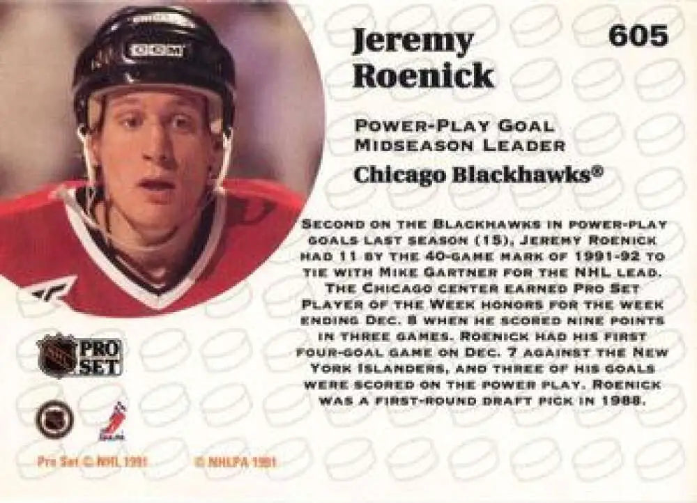 1991-92 Pro Set #605 Jeremy Roenick Chicago Blackhawks Hockey Card with black helmet