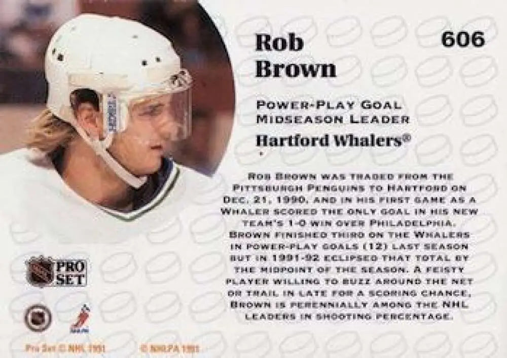 Hockey card of Rob Brown in Hartford Whalers uniform with white helmet