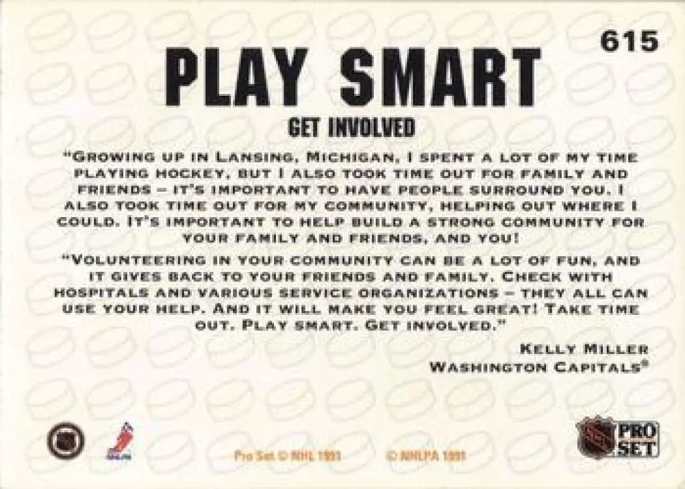 Hockey card featuring Kelly Miller and PLAY SMART message for Washington Capitals fans