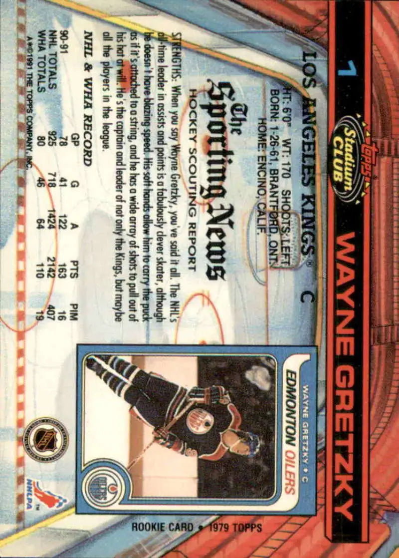 Wayne Gretzky 1991-92 Topps Stadium Club card featuring Los Angeles Kings player