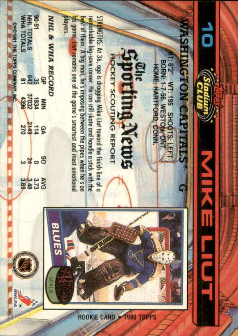 Hockey card of Mike Liut in blue uniform from Topps Stadium Club 1991-92 on the ice