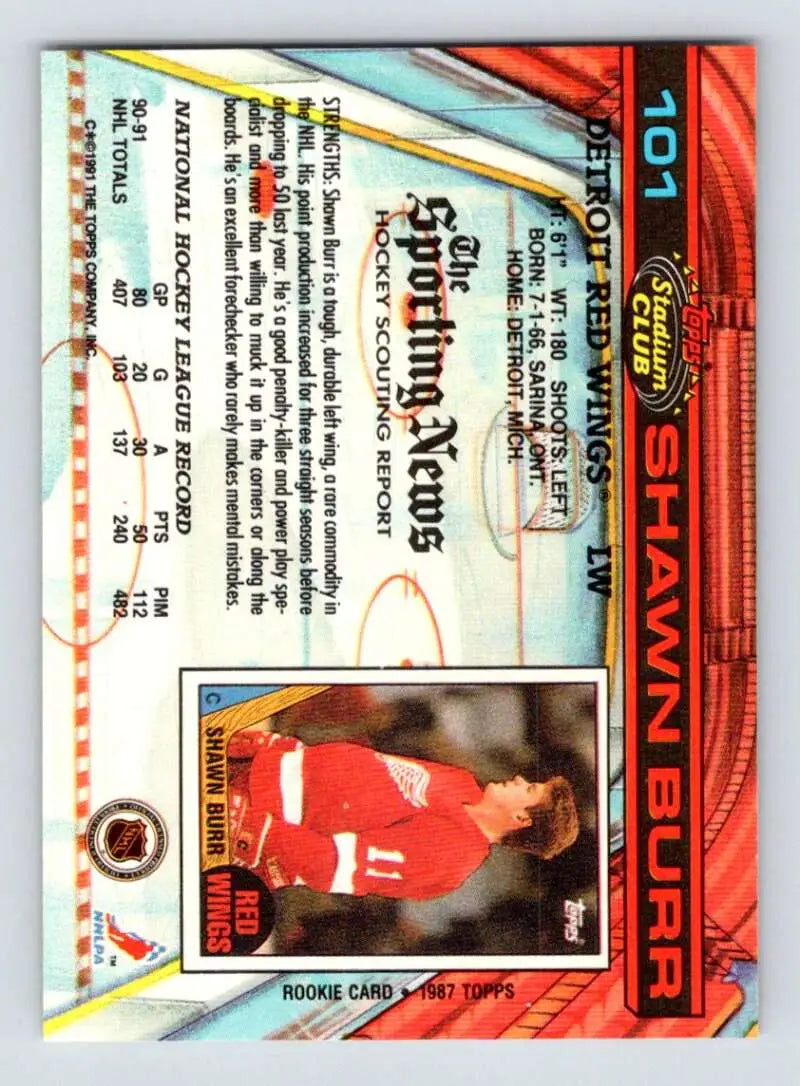 Trading card featuring Shawn Burr in a red uniform for Detroit Red Wings