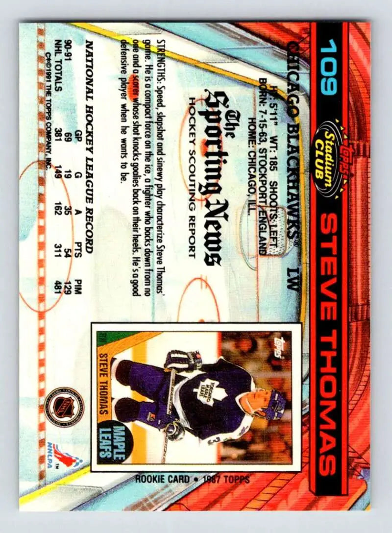 Topps Stadium Club Steve Thomas hockey card featuring a Chicago Blackhawks player design