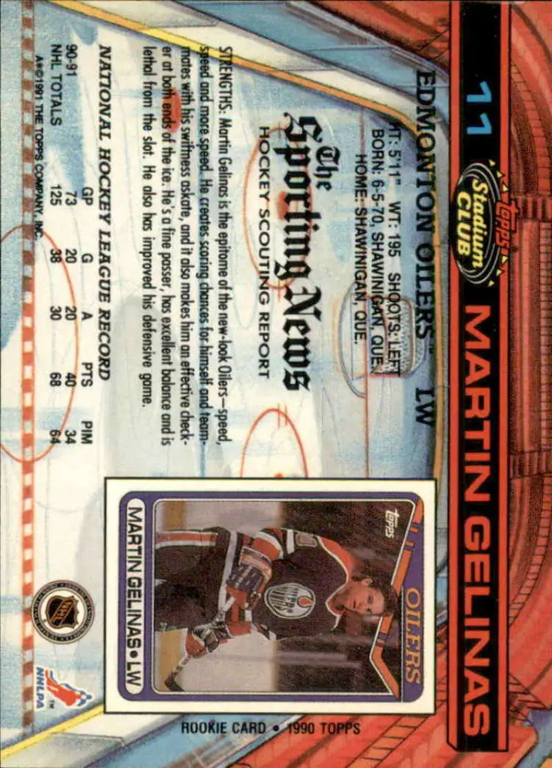 Sports trading card featuring Martin Gelinas in a dark uniform for Edmonton Oilers