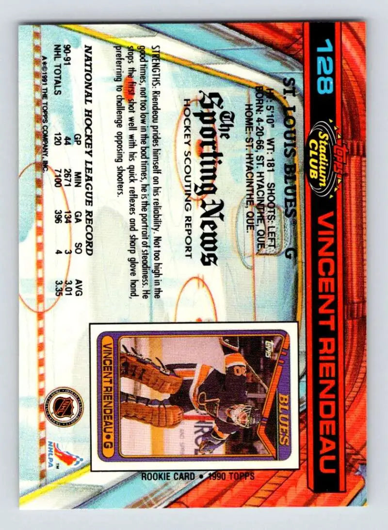 Vincent Riendeau Louis Blues hockey card featuring orange and blue geometric patterns