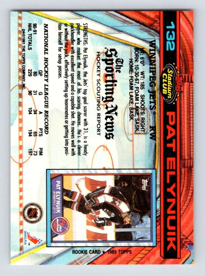 Holographic hockey card of Pat Elynuik from Winnipeg Jets 1991-92 Topps Stadium Club