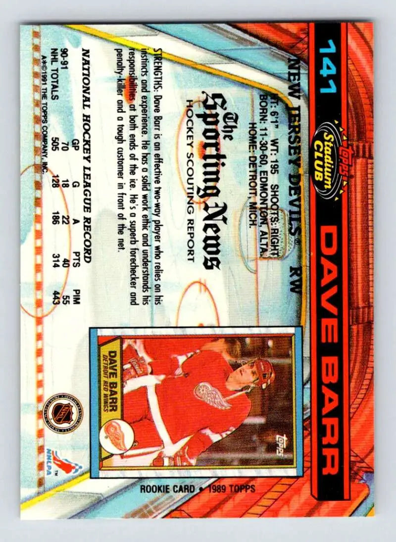 Dave Barr New Jersey Devils hockey card with red and blue design from 1991-92 Topps