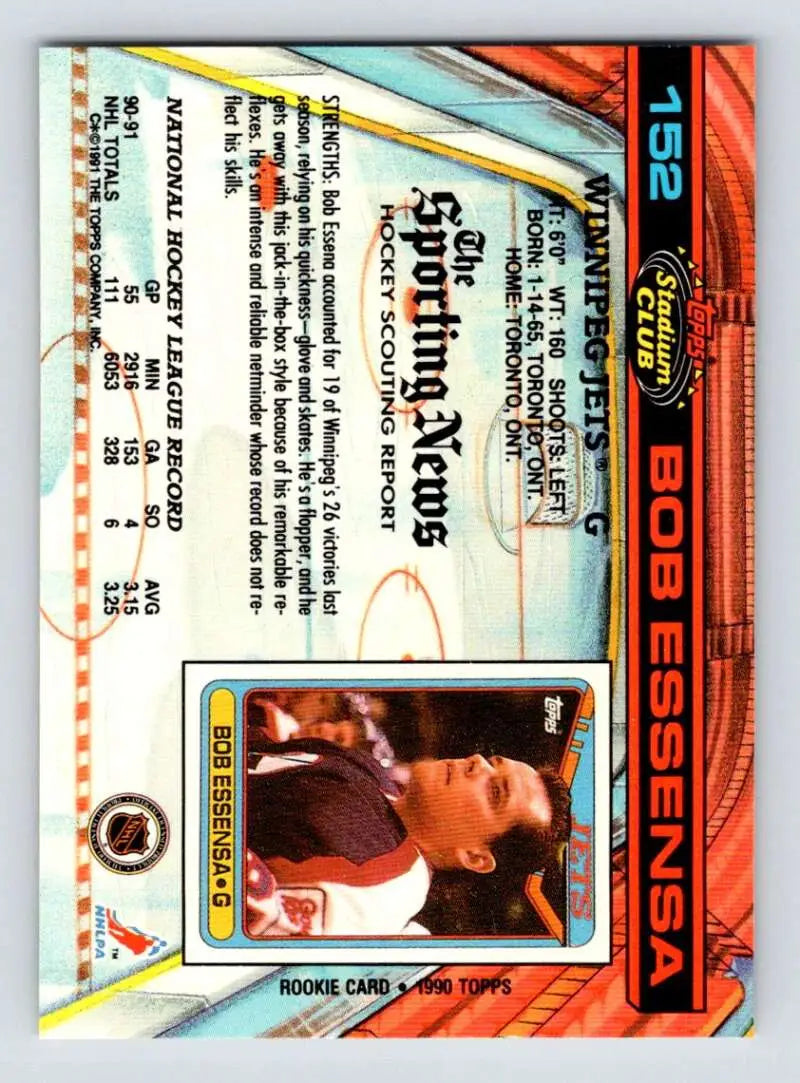 Vintage Bob Essensa Trading Card from 1991-92 Topps Stadium Club for Winnipeg Jets fans