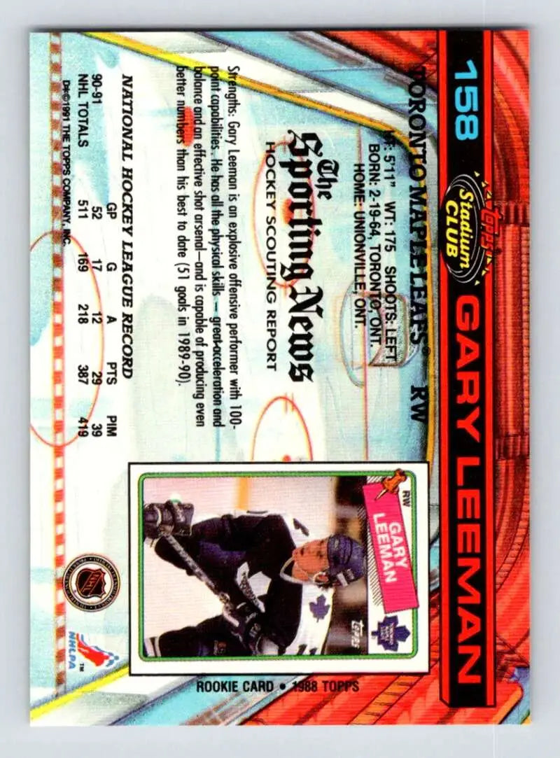 1991-92 Topps Stadium Club Gary Leeman Toronto Maple Leafs hockey card on ice