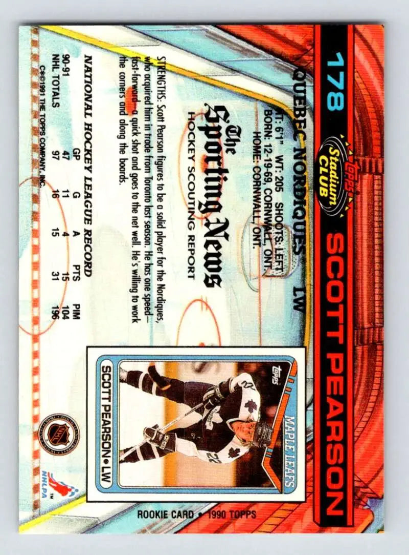 1991-92 Topps Stadium Club #178 Scott Pearson hockey card featuring Quebec Nordiques design