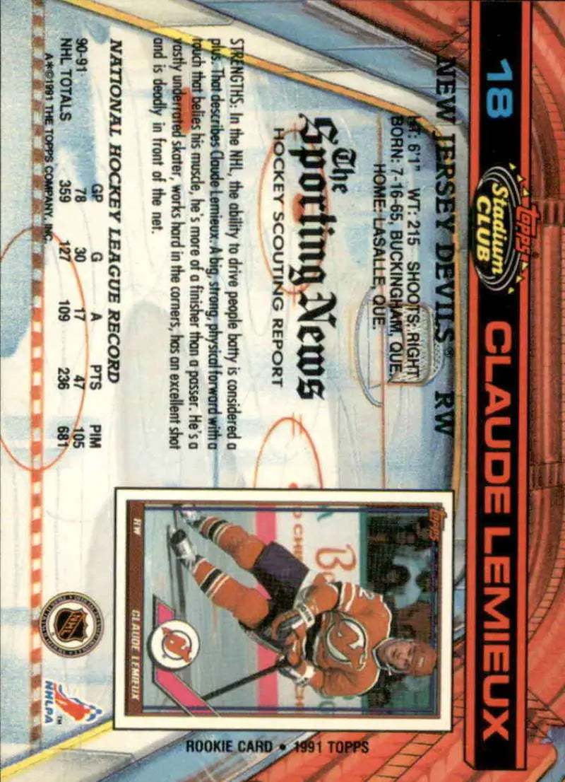 Hockey trading card of Claude Lemieux in orange Jersey Devils jersey taking a shot