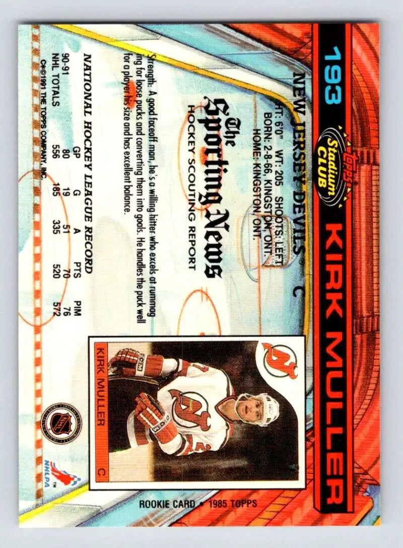 Holographic Kirk Muller hockey card from 1991-92 Topps Stadium Club featuring New Jersey Devils
