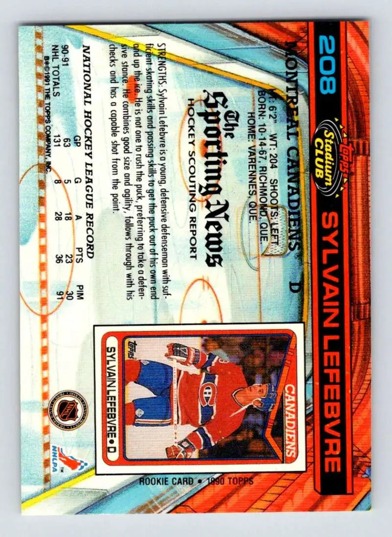 Hockey trading card featuring Sylvain Lefebvre of the Montreal Canadiens Topps Stadium Club