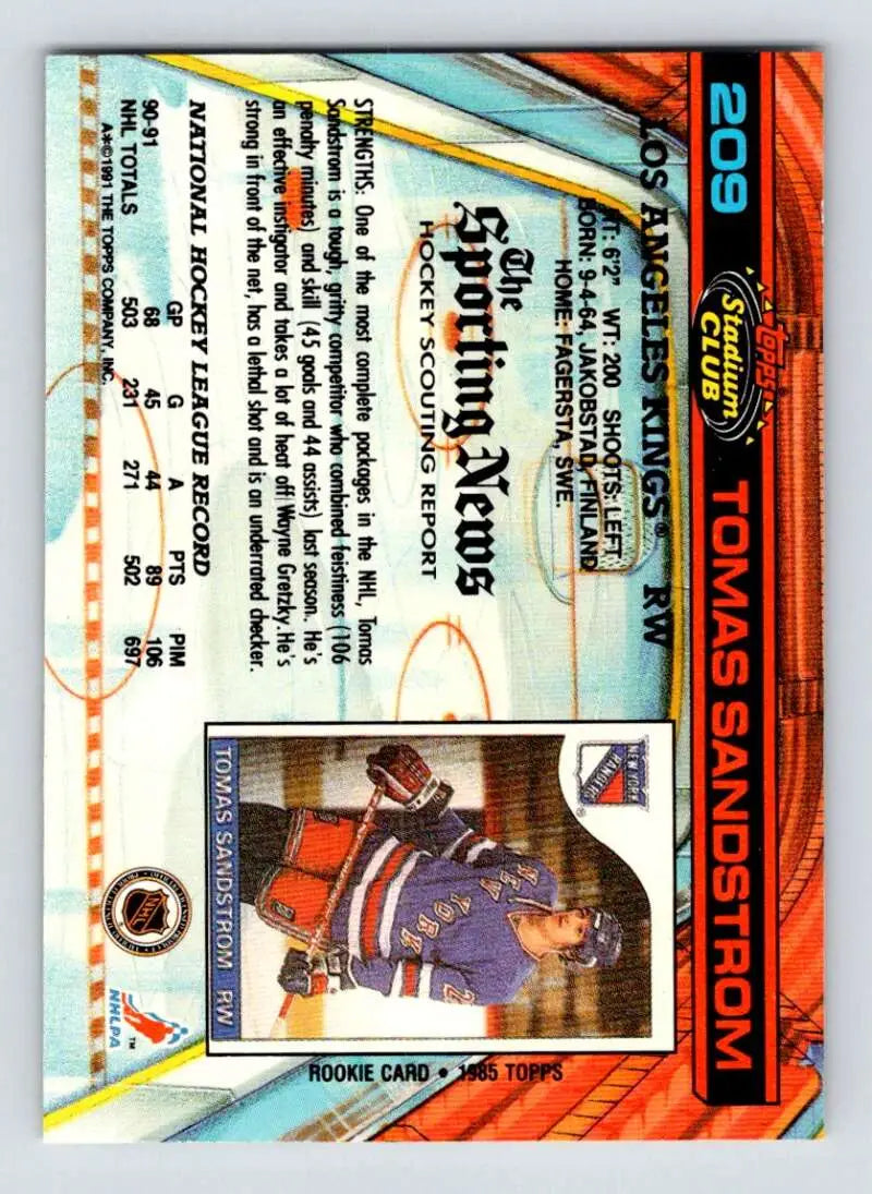 Hockey trading card featuring Tomas Sandstrom of the Los Angeles Kings with stats