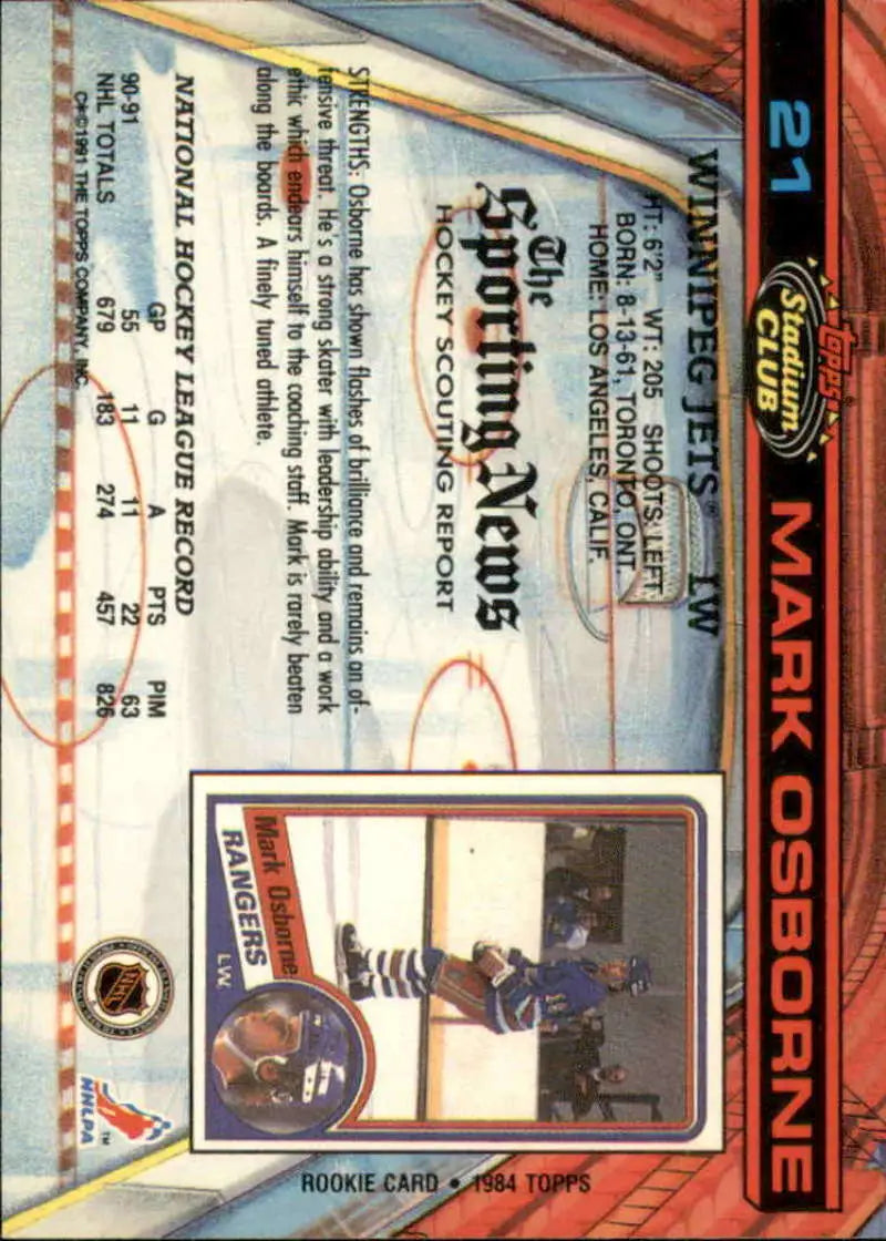 Hockey trading card of Mark Osborne from the 1991-92 Topps Stadium Club Winnipeg Jets