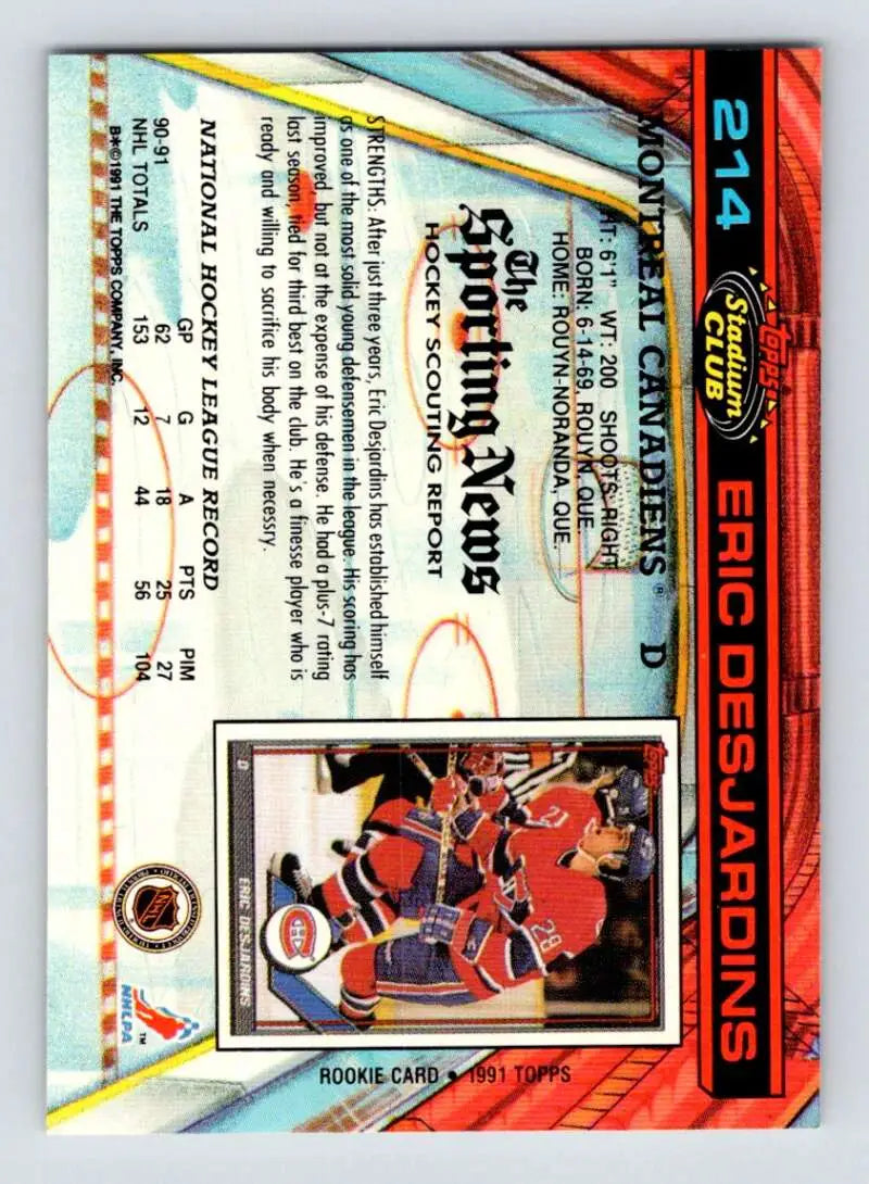 Hockey trading card featuring 1991-92 Topps Stadium Club #214 Eric Desjardins details