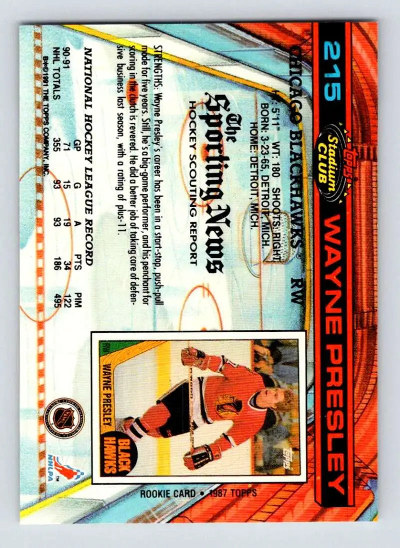 Wayne Presley Chicago Blackhawks hockey card in red and white uniform from 1991-92 Topps