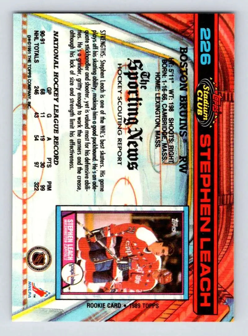 Trading card featuring Stephen Leach in a red uniform for Boston Bruins Hockey Card