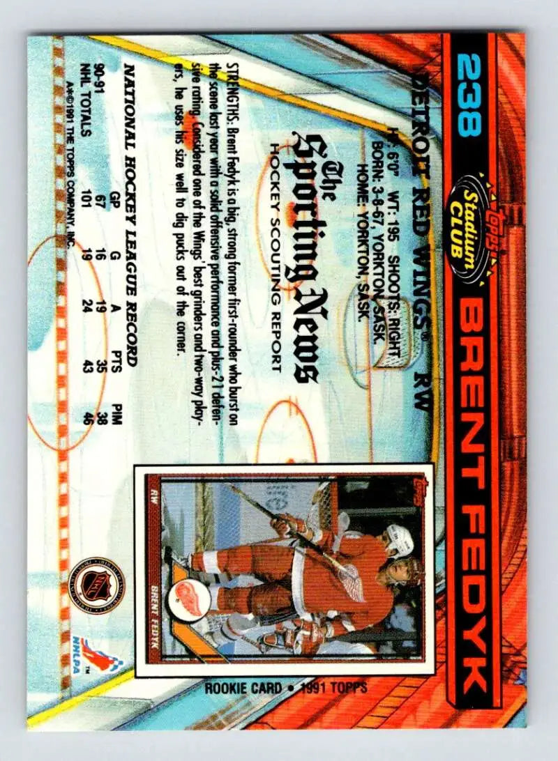 Trading card featuring Brent Fedyk for the Detroit Red Wings with orange and blue design