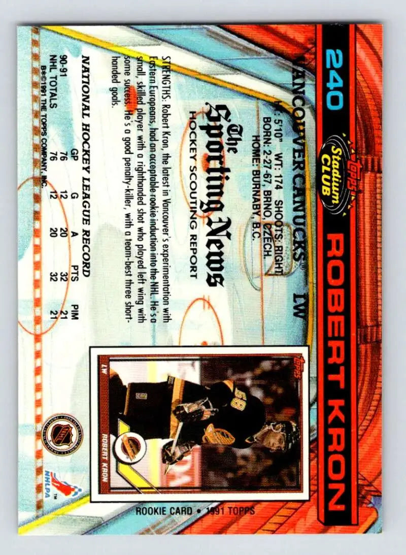 Trading card of Robert Kron in black uniform, Topps Stadium Club, Vancouver Canucks