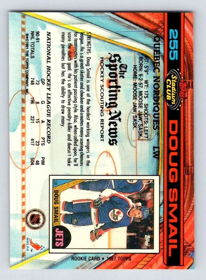 Back of 1991-92 Topps Stadium Club #255 Doug Smail Quebec Nordiques Hockey Card