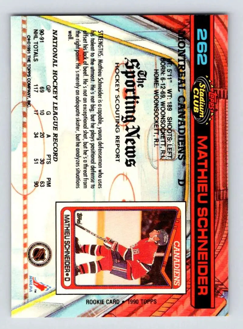 Mathieu Schneider in red Montreal Canadiens uniform on 1991-92 Topps Stadium Club card