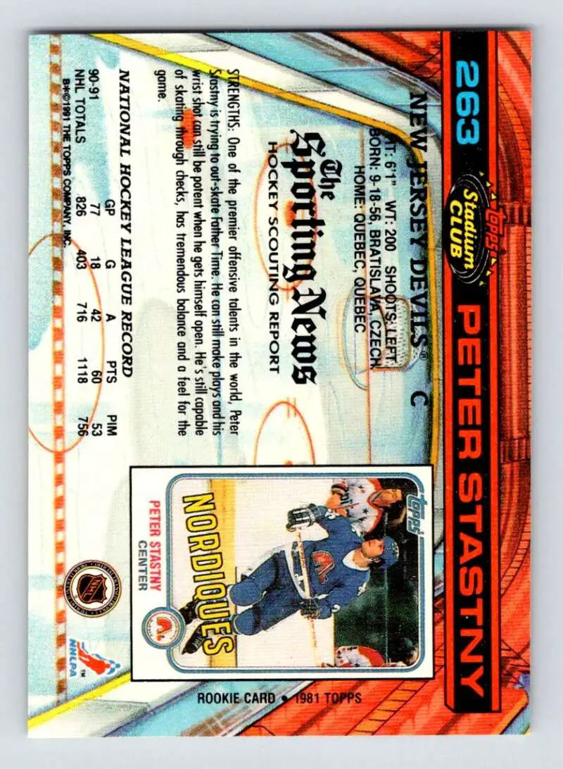 Hockey trading card featuring Peter Stastny in Topps Stadium Club design elements