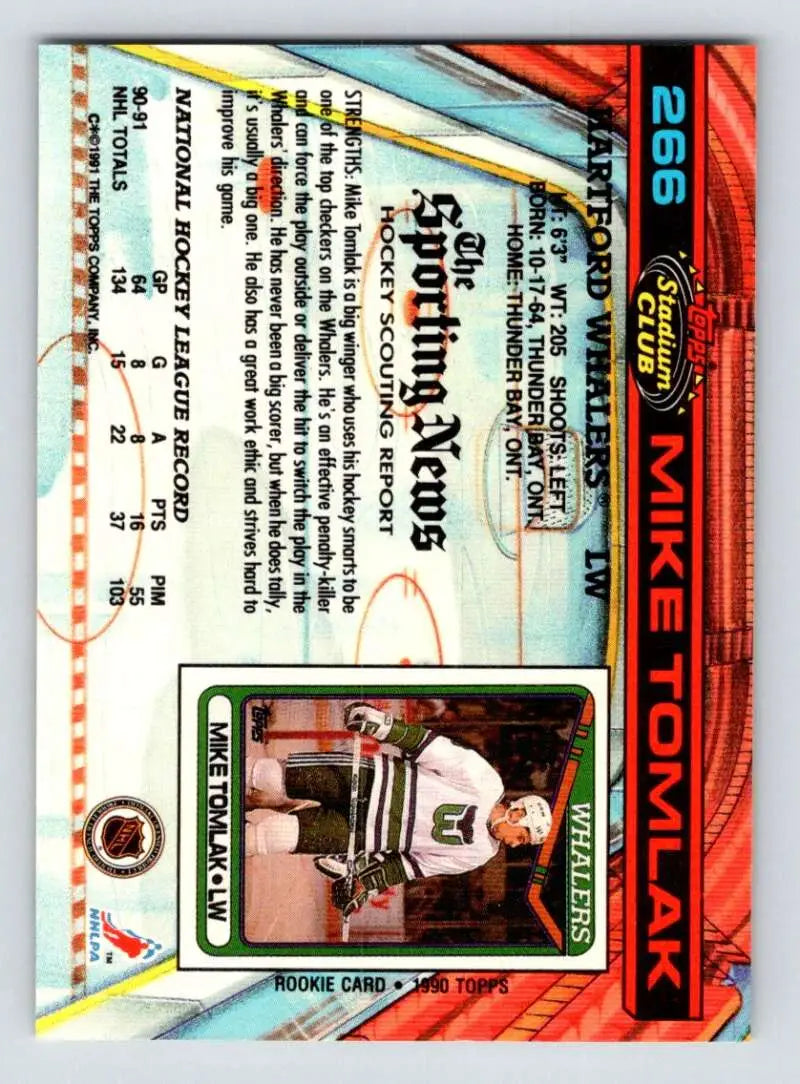 Hockey card featuring Mike Tomlak in a white jersey for Hartford Whalers, Topps Stadium Club