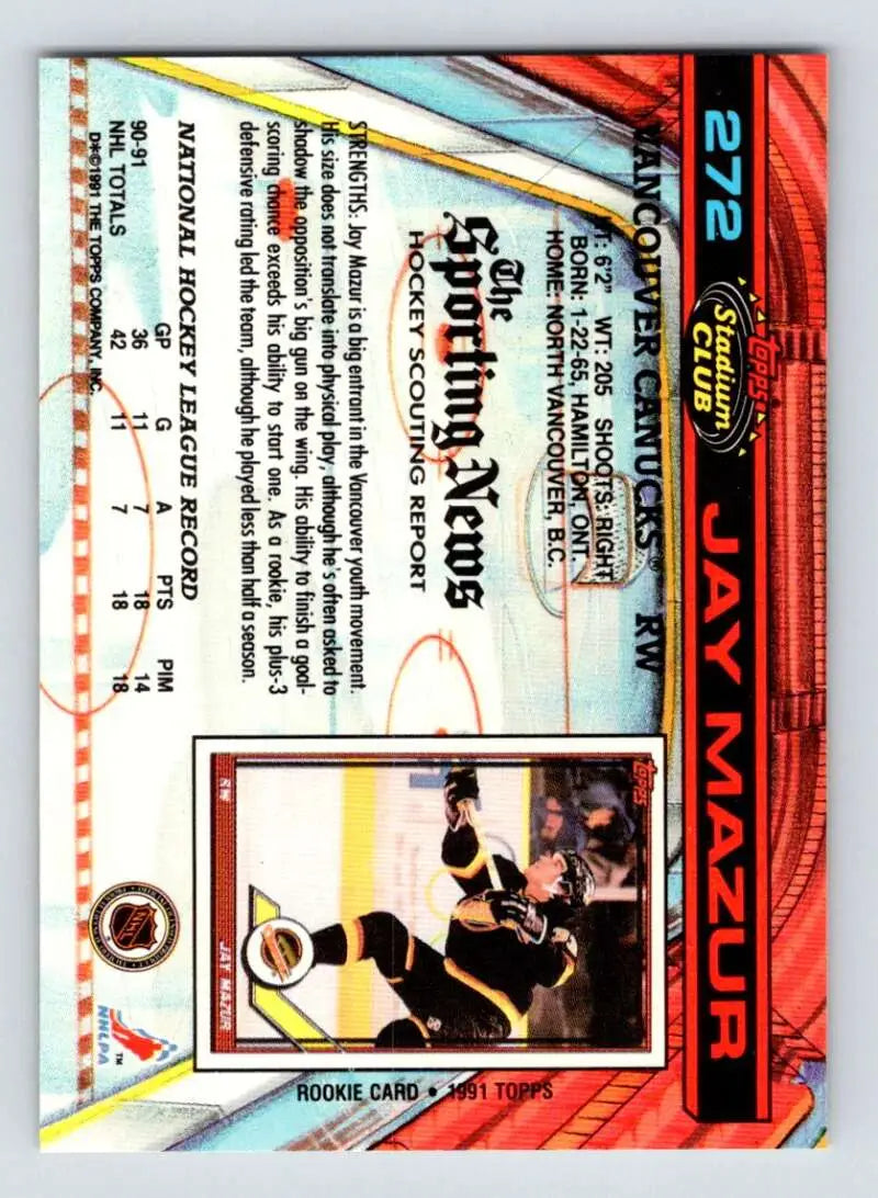 Trading card of Jay Mazur in black uniform making a save from Topps Stadium Club