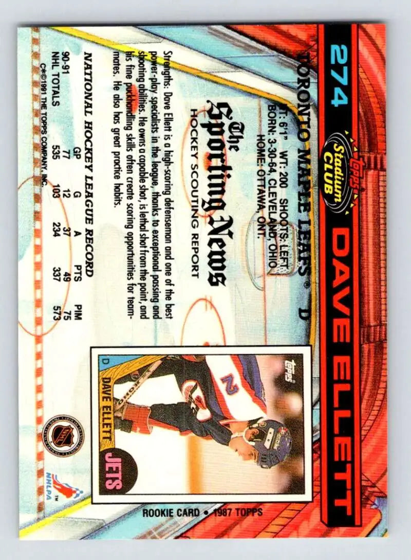 1991-92 Topps Stadium Club #274 Dave Ellett Hockey Card for Toronto Maple Leafs fans