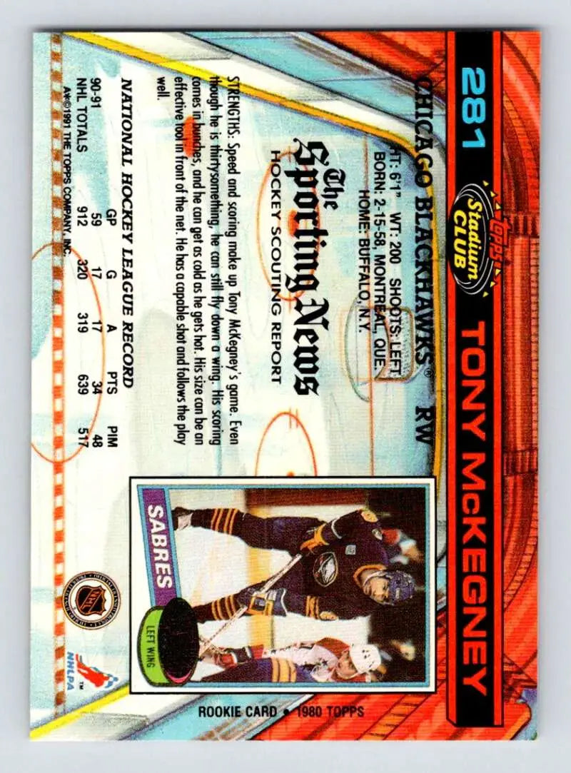 Trading card of Tony McKegney in dark jersey for Chicago Blackhawks Stadium Club