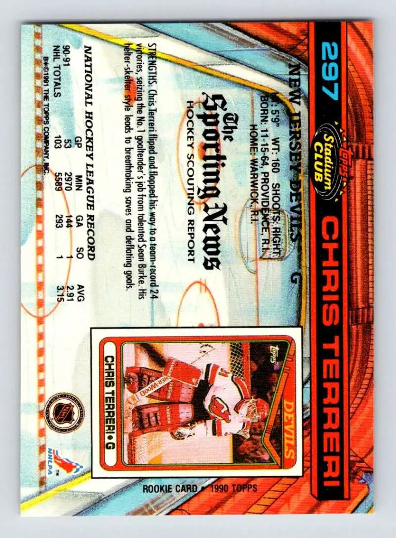 Hockey trading card featuring Chris Terreri from Stadium Club with vibrant orange and blue design