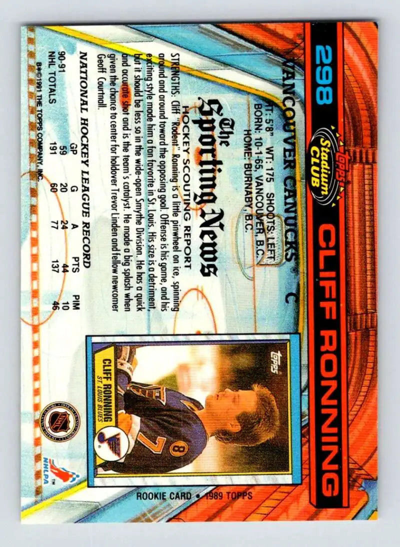 1991-92 Topps Stadium Club #298 Cliff Ronning Vancouver Canucks Hockey Card in NM-MT condition