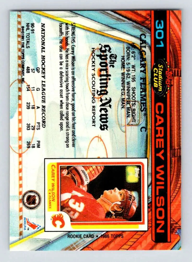 Calgary Flames Carey Wilson 1991-92 Topps Stadium Club hockey card with vibrant design