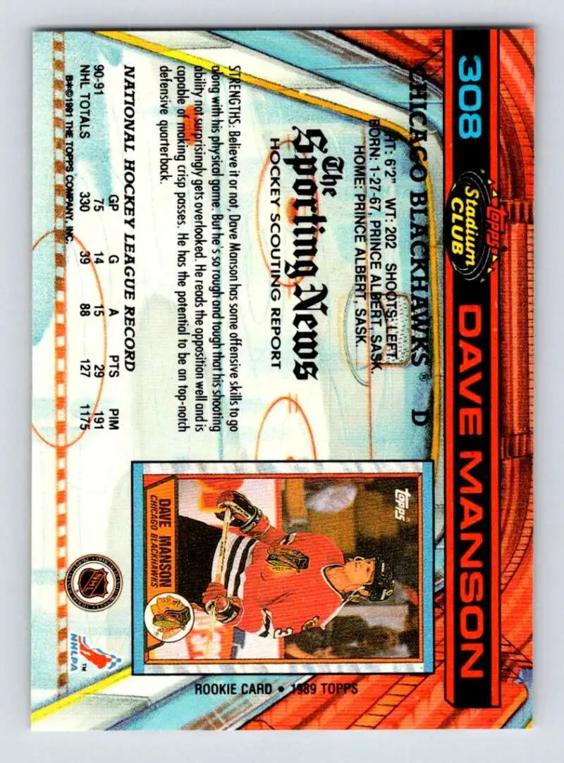 Trading card featuring Dave Manson, Topps Stadium Club with colorful stripes