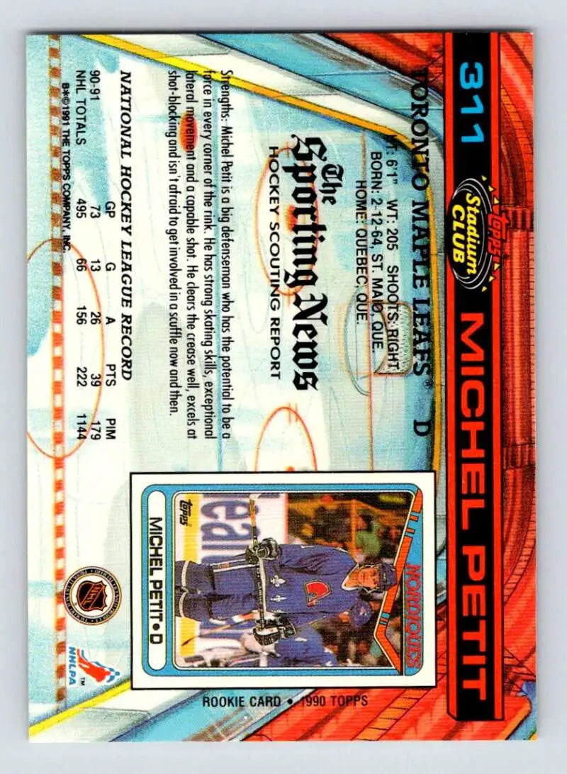 Blue and orange trading card featuring Michel Petit and Toronto Maple Leafs graphics