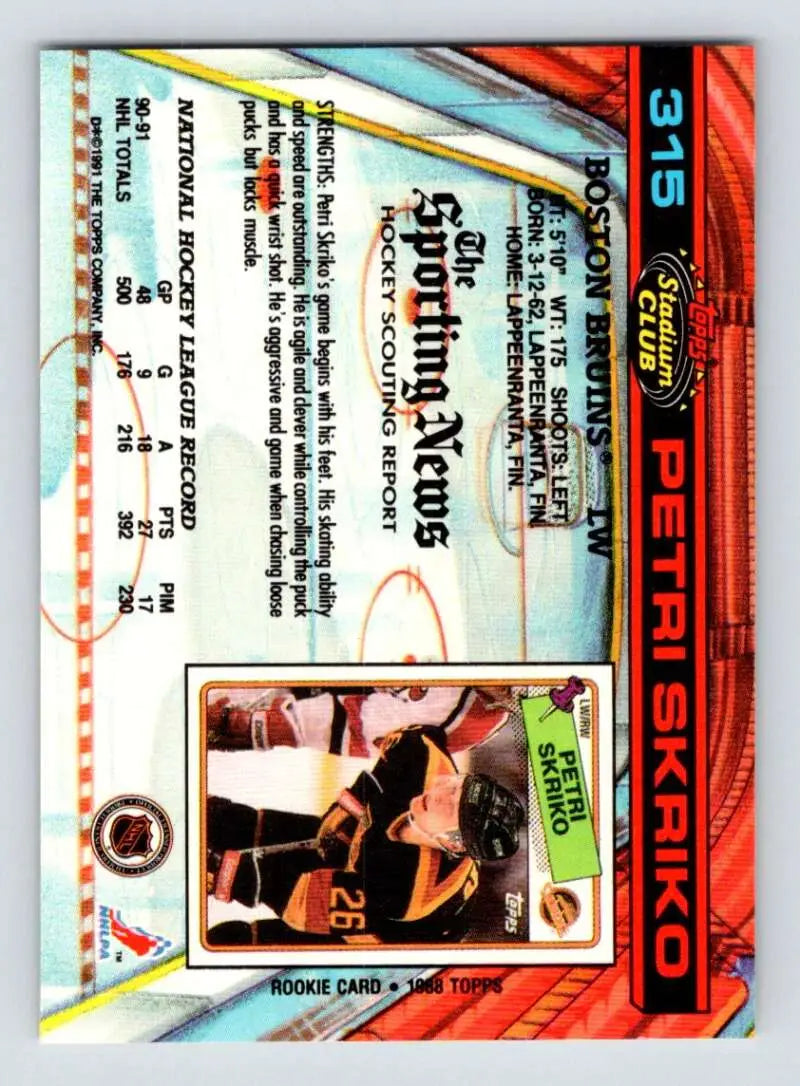 Baseball trading card with orange and blue border design featuring Petri Skriko Boston Bruins