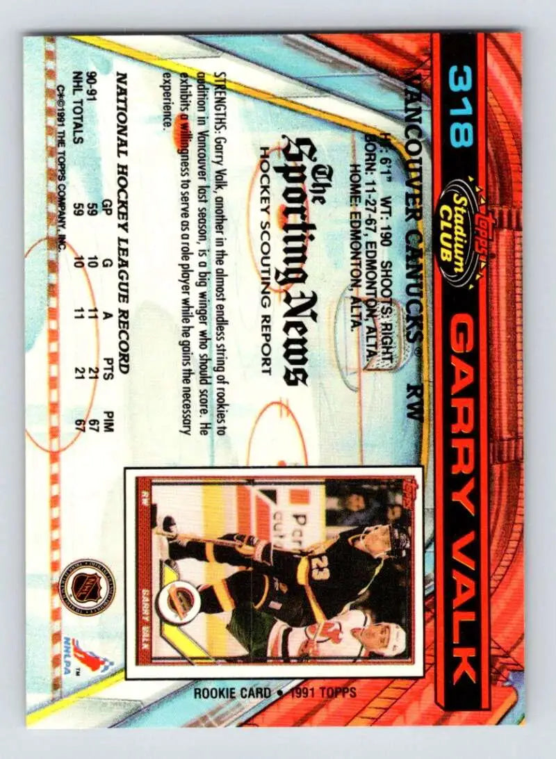 Hockey trading card of Garry Valk in black uniform from Topps Stadium Club Vancouver Canucks