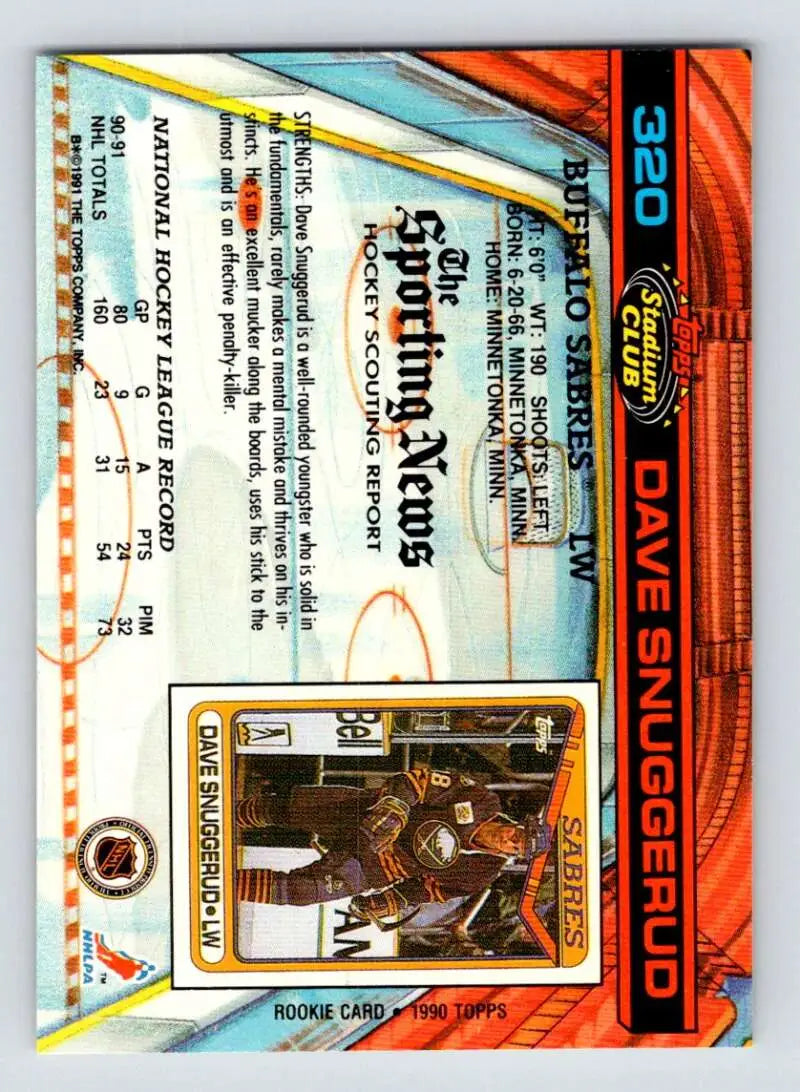 Trading card of Dave Snuggerud in brown uniform for Buffalo Sabres Stadium Club